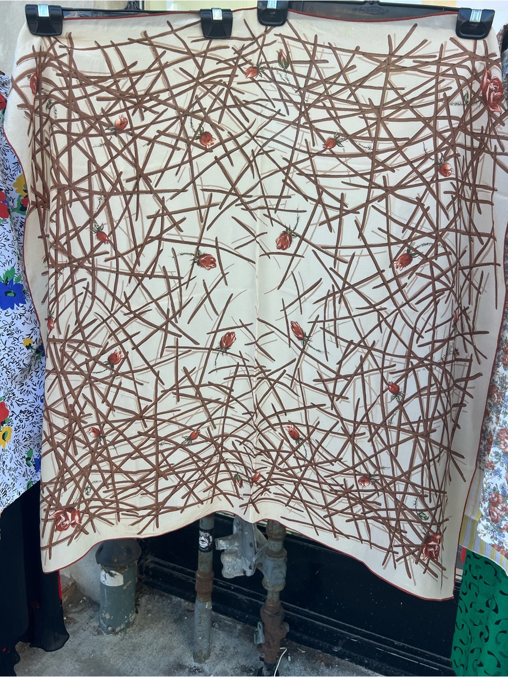 Vintage Echo Silk XL Scarf with Brown Bamboo Roses Pattern